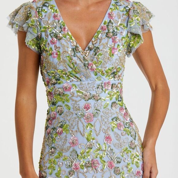 Mac Duggal 5722 Womens Blue FLORAL EMBELLISHED FLUTTER CAP SLEEVE DRESS - Picture 6 of 16